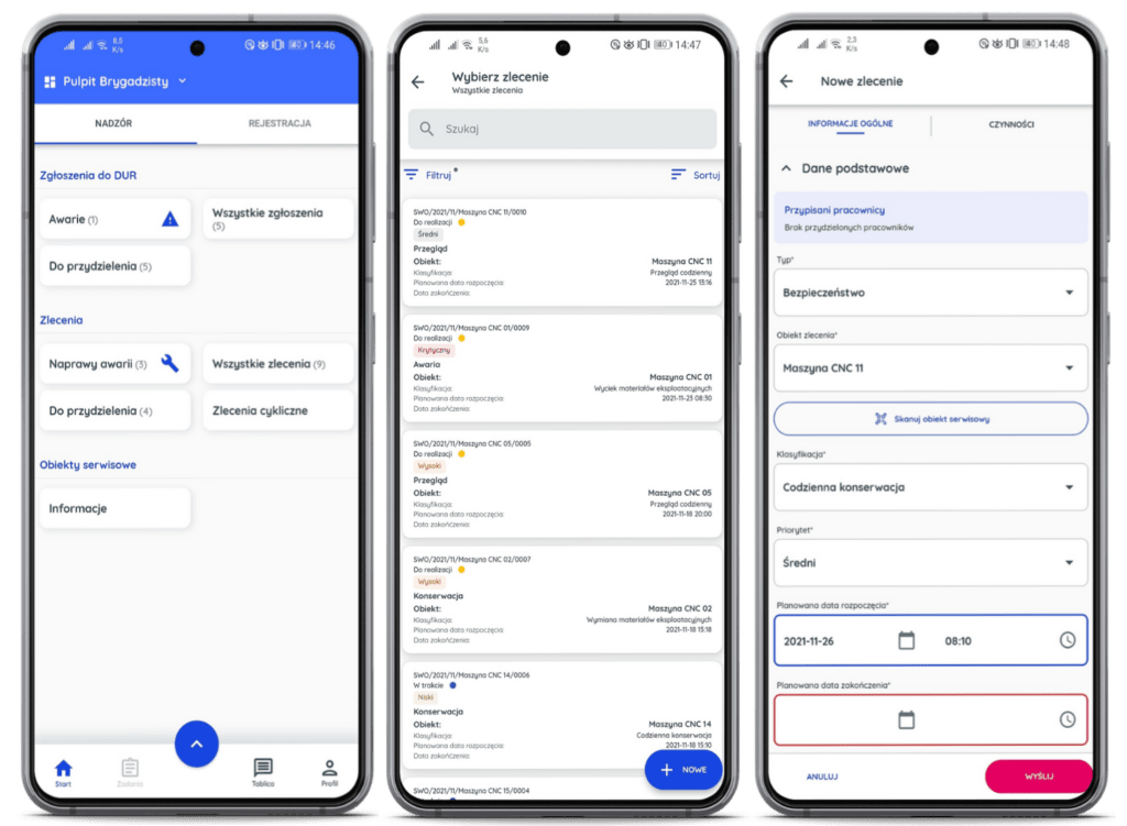 ekrany systemu CMMS w wersji mobilnej