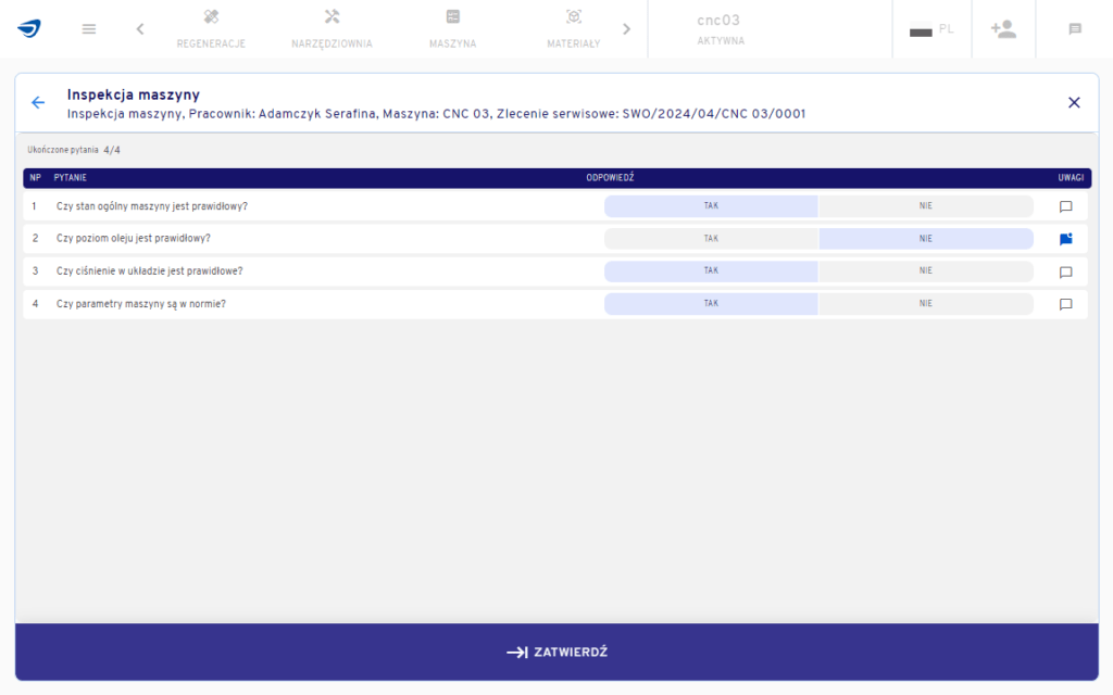 System CMMS - lista kontrolna